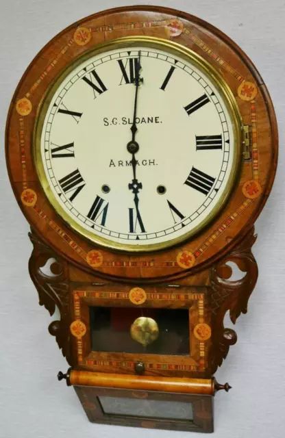 Beautiful Antique 8 Day Striking Inlaid Walnut Drop Dial Armagh Wall Clock 2