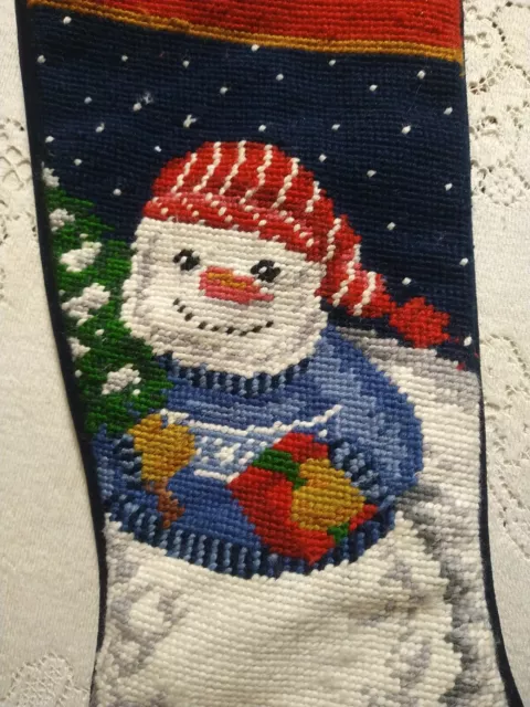 Needlepoint Wool Christmas Holiday Stocking Snowman Velvet Navy Blue Backing 3