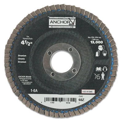 Abrasive Flap Disc, 4-1/2 In, 60 Grit, 7/8 in Arbor, 13,000 Rpm ORS Nasco ANCHOR