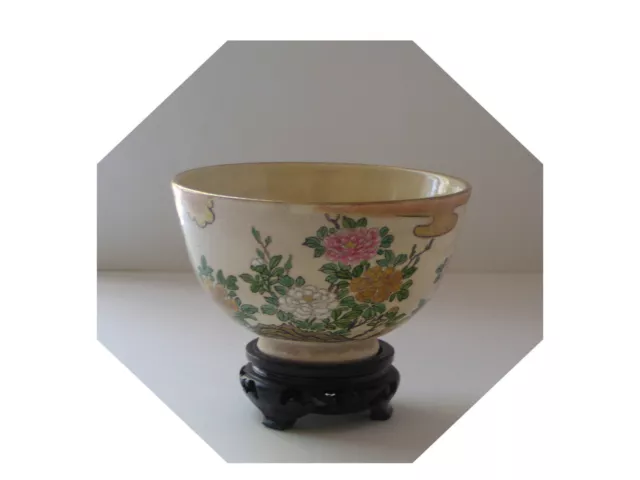 Antique Japanese Tea Bowl Impressed  Mark, Raised Enamel Flowers