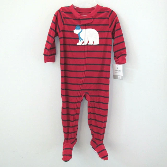 NEW Carters Pajamas Footed Fleece Sleeper Red Striped Christmas Polar Bear 18 Mo