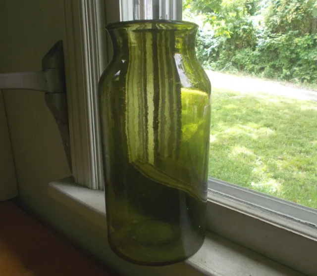 1790 Early Pontiled Free Blown Green Fruit Jar Or Storage Jar Crude Rim 10 1/4"