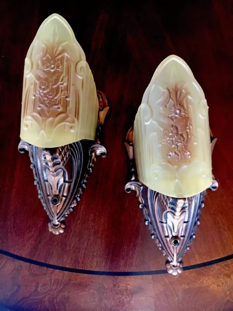 Pair Art Deco Midwest Antique Glass Slip Shade Wall Sconce Fixtures