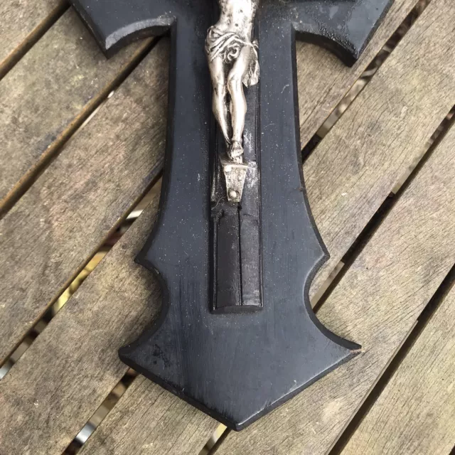 Antique French Black Crucifix Wall cross 8 1/2” Christ wood Gothic Metal 1800s 3