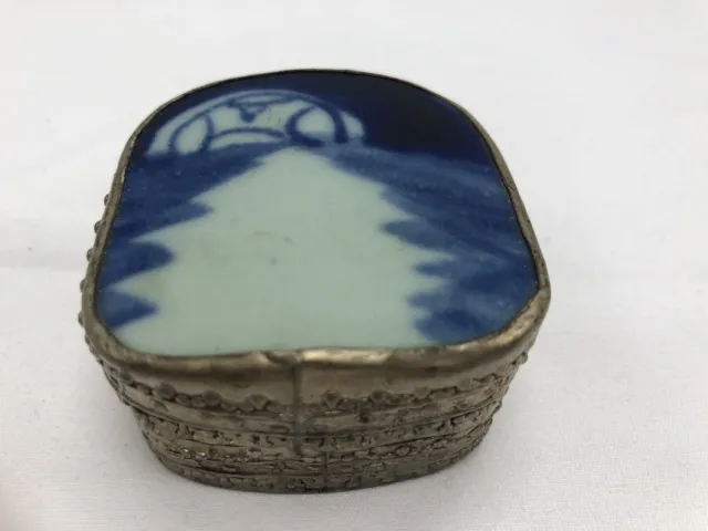 Shard Box Chinese Blue and White Porcelain Silver Plated Antique 2” wide