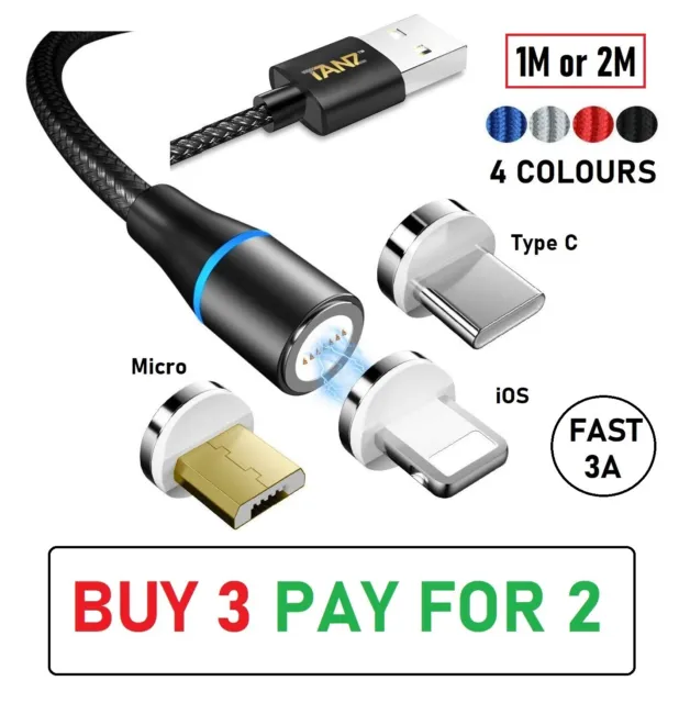3 in 1 Magnetic Charging USB Cable Charger 3A FAST iOS Micro Type-C Adaptors NEW