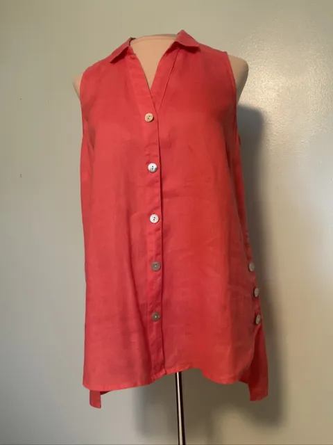 J. Jill Love Linen Button Up Tunic Top Coral Pink Sleeveless Shirt Womens Size S