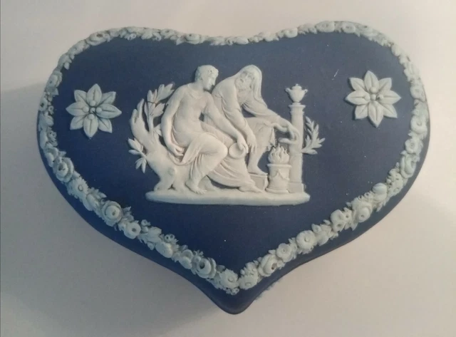 Wedgwood Cobalt Blue Dip Jasperware, White Relief Muses heart shaped Trinket box