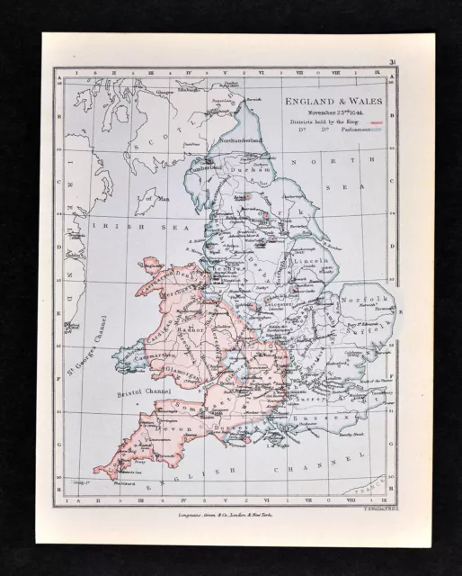 1892 Map England Wales Nov. 1644 King & Parliament Districts London - Original