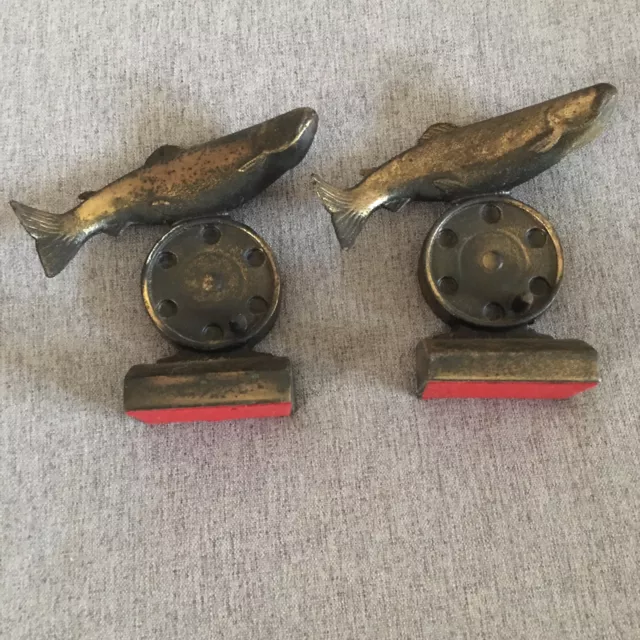 ANTIQUE AMERICANA FLY FISHING REEL TROUT CAST IRON ART STATUE SCULPTURE  BOOKENDS 