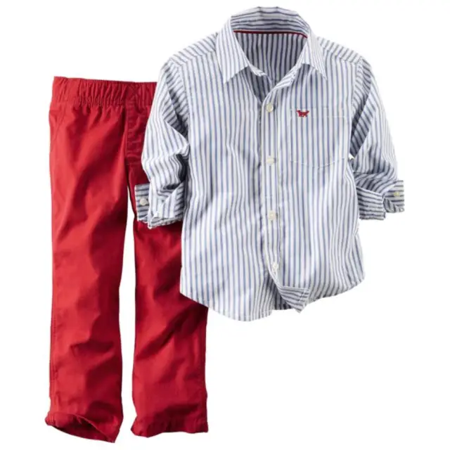 Carters Infant Boys 2 Piece Outfit Red Pants & Blue & White Stripe Shirt Set