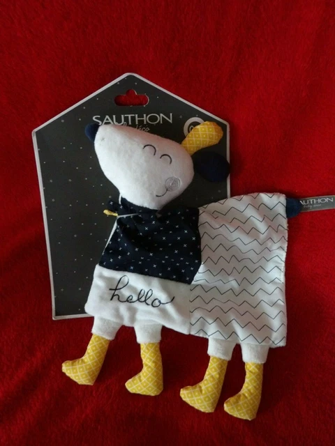 Doudou Plat Sauthon Chien Blanc Bleu Jaune  Hello Neuf Sur Support