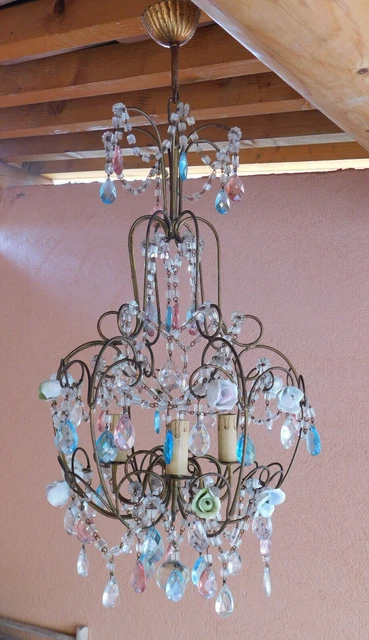 Grand lustre cage pampilles de couleur fleurs en porcelaine chandelier