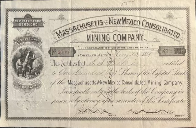 Massachusetts & New Mexico Mining Company Stock, Silver City, N.M. 1881