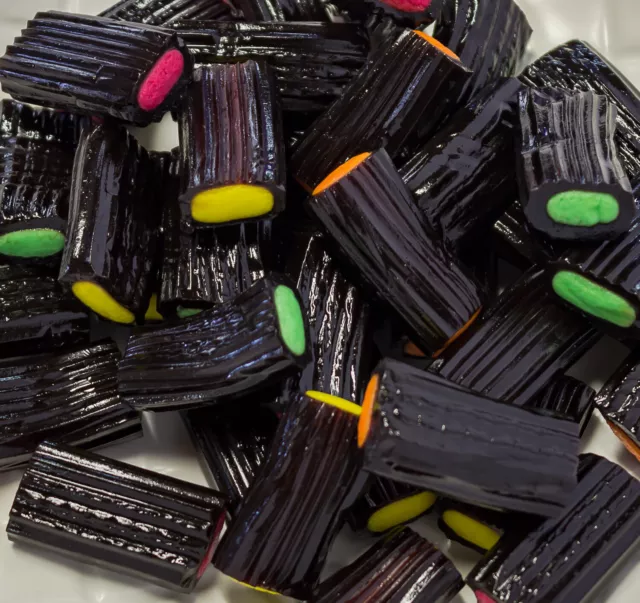 LICORICE FRUIT BITES  - Licorice filled with Fruit Fondant - 1kg Post Include