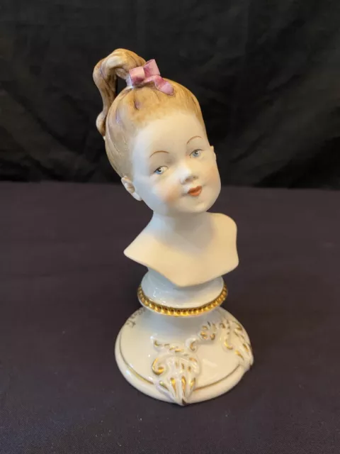 Vintage Works Of Art Italy Signed D. Bonalberti Bust Of Girl Pink Bow 5 1/4"