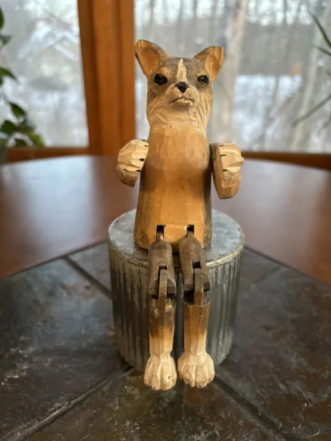 Vintage Hand Carved & Painted Wood Wolf Fox SHELF SITTER Articulated Folk Art