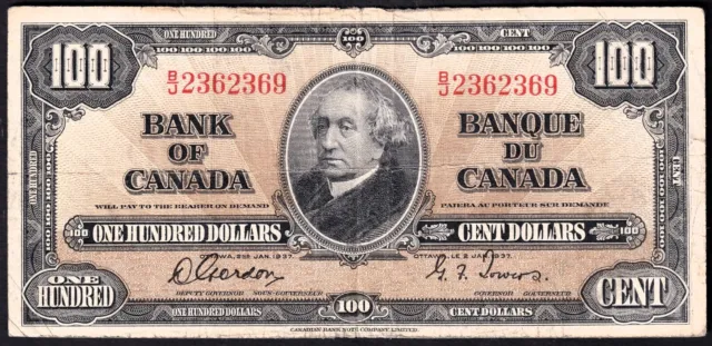 Canada 1937 $100 One Hundred Dollar Banknote Gordon - Towers B/J 2362369