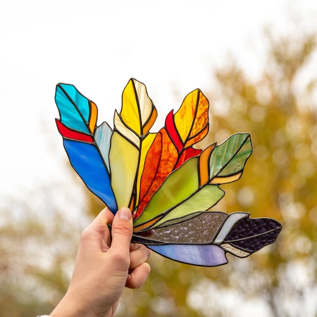 Stained Glass Feather Suncatcher Gift Native American Decor Window Hanging