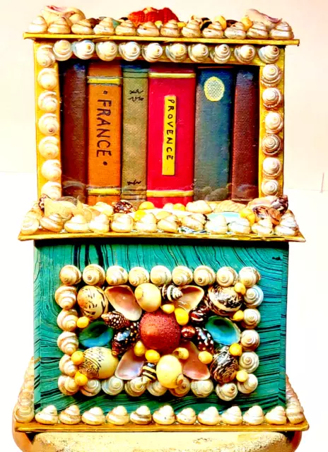 Handmade Shell Art Box Shaped Like Cupboard W/ Books Seashell Sailors Valentine
