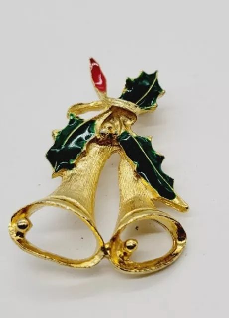 Vintage Christmas Bells Pin Brooch Holiday Gold tone Enamel Red & Green