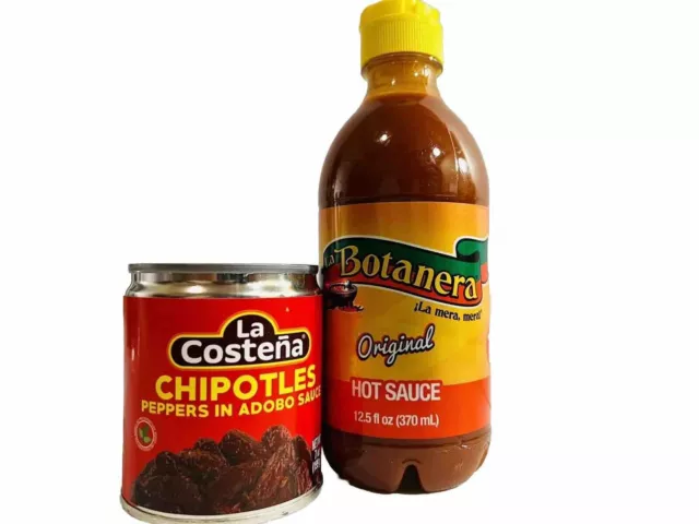 La Costena Chipotle Peppers in Adobo Sauce, with La Botanera Hot Sauce.