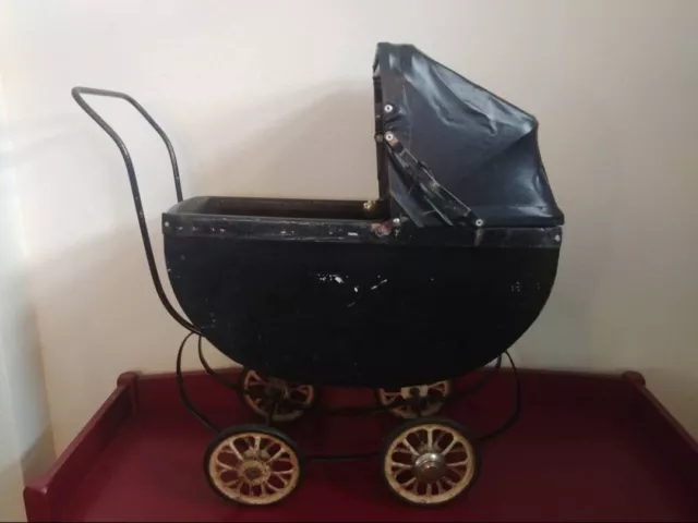 Antique Doll Buggy with Black Vinyl Hood * Push Pram Stroller
