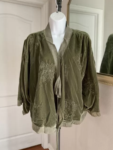 Kyla Karyn Seo Caite Anika Kimono Small Embroidered Top Velvet Crop Olive NWT