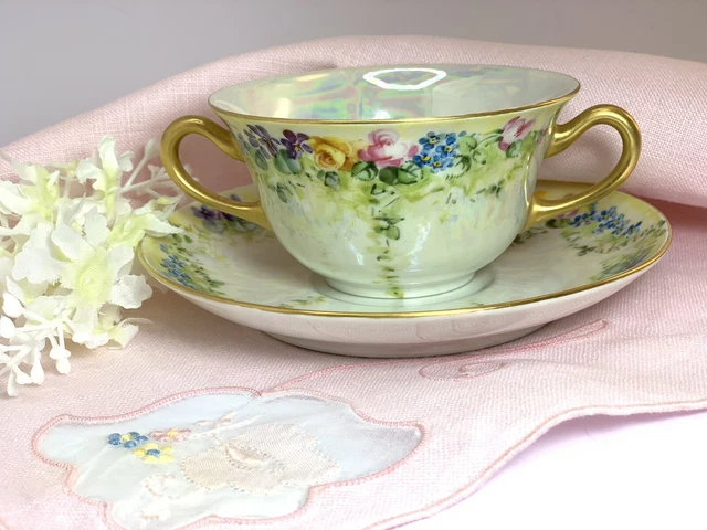 Vintage R & C Limoges France Hand Painted Cream Soup Bouillon Cup & Saucer Gilt
