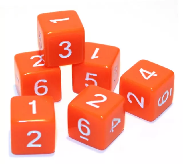 New Set of 6 Numbered D6 Six Sided Standard 16mm Game Dice - Opaque Orange