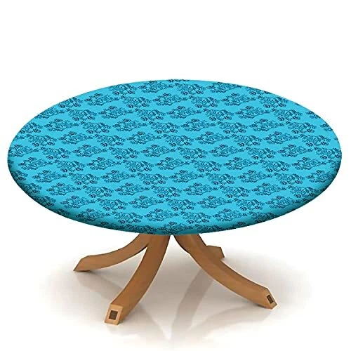 60 inch Round Tablecloth Blue Print Flower Theme Elastic Edged Fitted Table C...