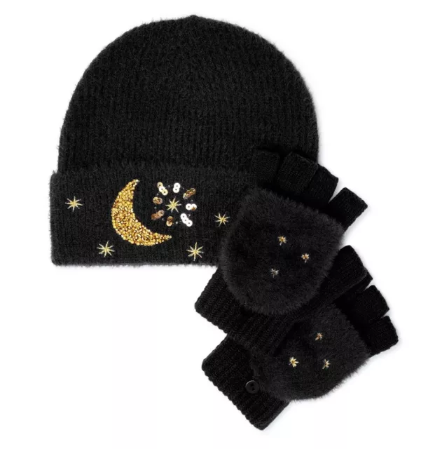 2-Piece Girls Gold Moon Glitter Sequins Beanie Hat Gloves Set Faux Fur Mittens