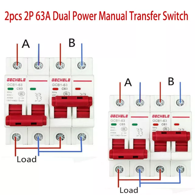 2PCS 2P 63A Dual Power Manual Transfer Switch For Generator Changeover Toggle