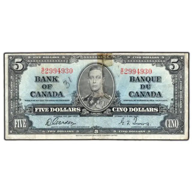 $5 1937 Bank of Canada Note Gordon-Towers S/C Prefix BC-23b - Damaged/Writing