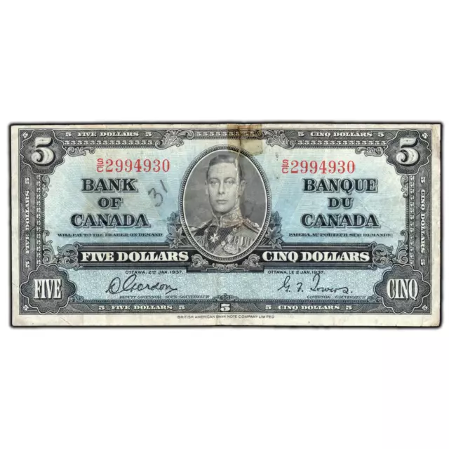 $5 1937 Bank of Canada Note Gordon-Towers S/C Prefix BC-23b - Damaged/Writing