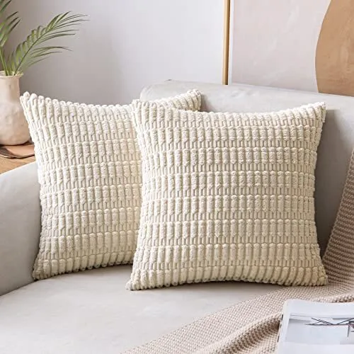 Pack of 2 Corduroy Throw Pillow Covers 18x18 - Soft Boho Striped Farmhouse Decor