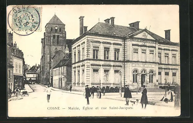 CPA Cosne, Mairie, Église et rue Saint-Jacques 1905