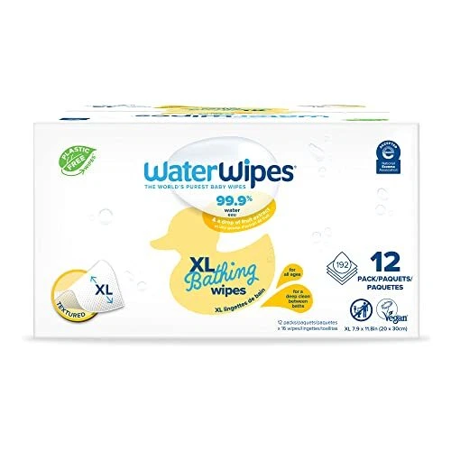 WaterWipes Plastic-Free, Rinse-Free, XL Bathing Wipes, 99.9% Water Based Wipe...