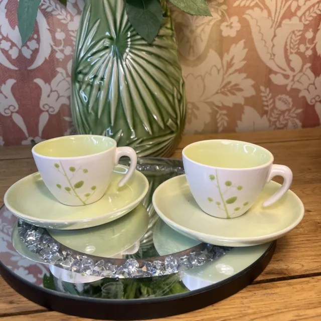 2 x Jaliang Green Leaf Pattern Small Ceramic Cups and Saucers B102