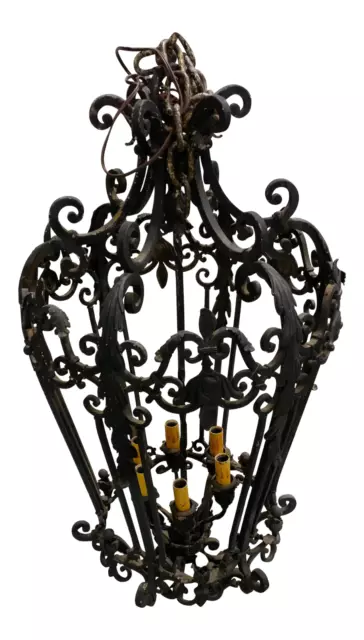 19th century Spanish Revival wrought iron lantern cage chandelier