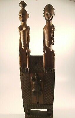 African Tribal Art Hand Carved Wood Sculpture. Sitting Warrior couple 18.5" tall