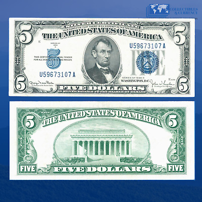 1934D $5 Five Dollars Silver Certificates Blue Seal, Narrow Face, VF+ Condition