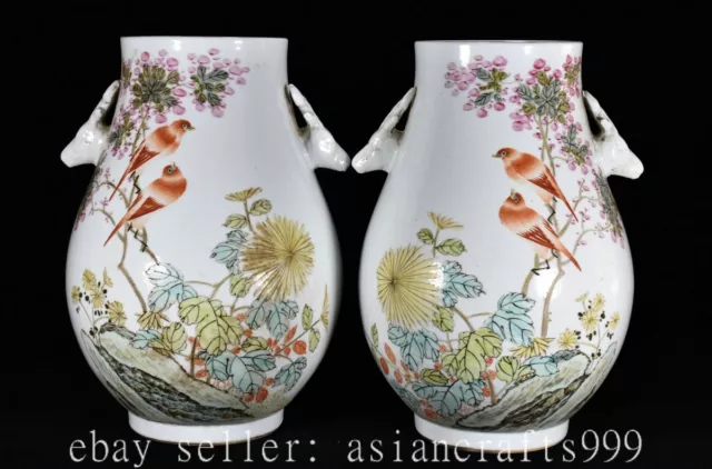 14" Guangxu  alte chinesische Pastell Porzellan Palast Blumen Vogel Vase Paar