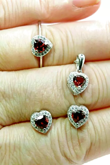 Earring Necklace Ring Red Garnet Heart Genuine Mined Gems Solid Sterling Silver 2