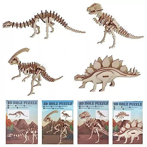 Bada Bing 4er Set Naturholz 3D Mini Puzzle Dino Holzpuzzles Dinosaurier Skele...