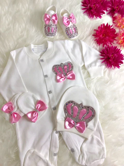 Romper sleepsuit custom Jewel Crown Newborn Baby Clothes Boy Girl Hat Glove Set