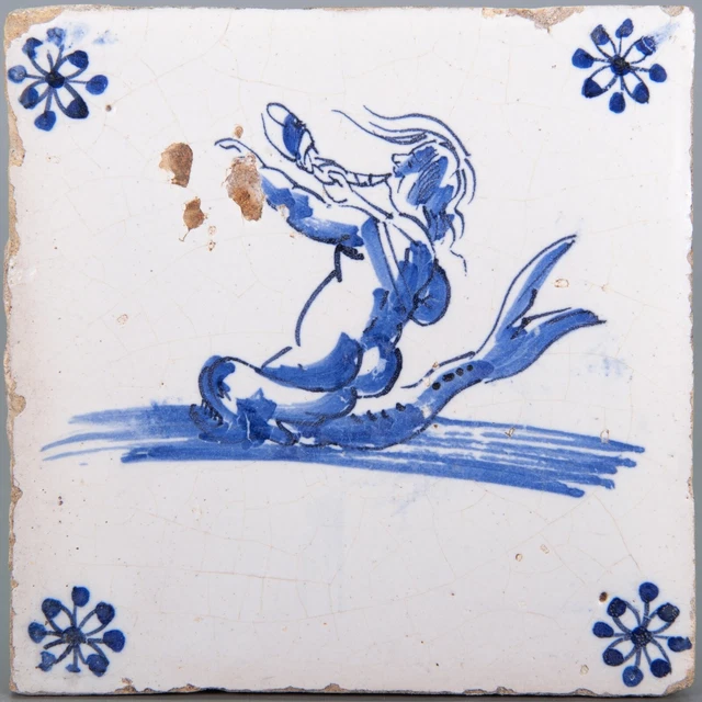 Nice Dutch Delft Blue tile, sea creature, figure riding a whale, 17th century.