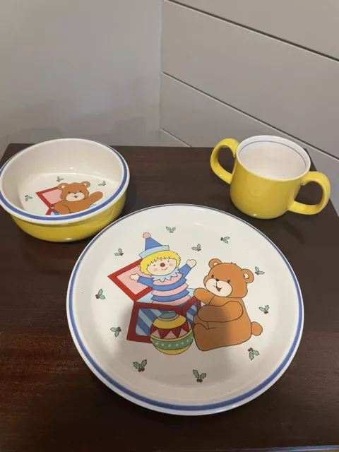 Vintage Mikasa CC015 Jack In The Box Teddy Bear Childs Plate, Bowl, & Cup Set