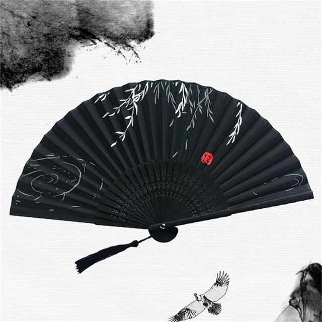 Chinese Silk Folding Fan Wooden Shank Classical Dance Fan Home Decoration