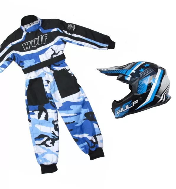 Kids Wulfsport Wulf MX Quad Motocross Overall And Helmet Blue Camo Set #O2